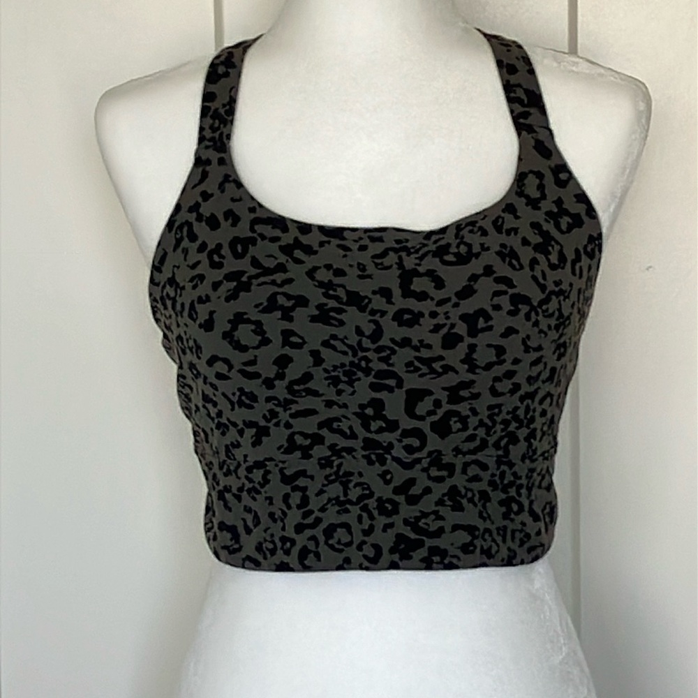 Athleta Workout Bra Top Olive Green & Back Leopard Print Womens' Size L